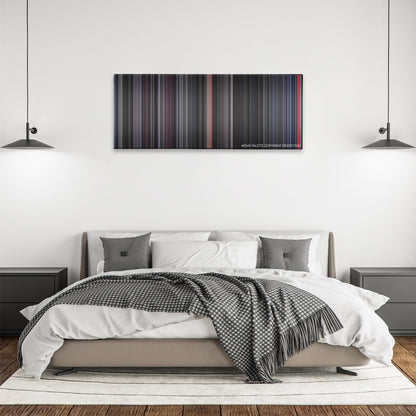 The Batman color palette canvas above a bed, between two black pendant lamps