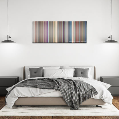 West Side Story color palette canvas above a bed, between two black pendant lamps