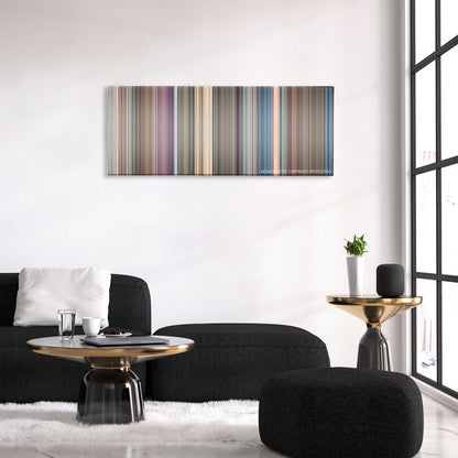 West Side Story color palette canvas above a black sofa with a gold-topped table