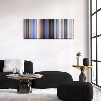Uncharted color palette canvas above a black sofa with a gold-topped table