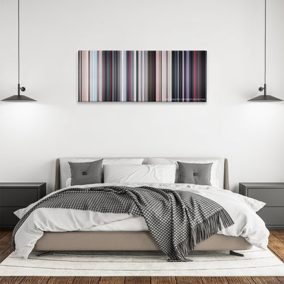 Morbius color palette canvas above a bed, between two black pendant lamps