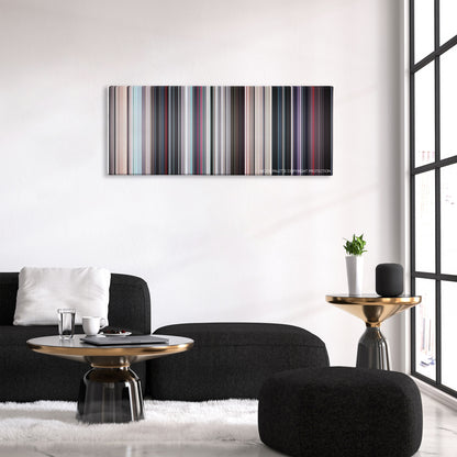 Morbius color palette canvas above a black sofa with a gold-topped table