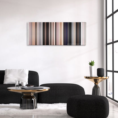 Thor: Love and Thunder color palette canvas above a black sofa with a gold-topped table