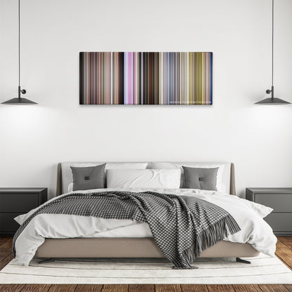 Groupers color palette canvas above a bed, between two black pendant lamps