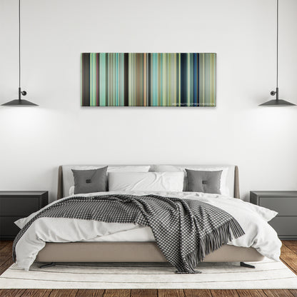 Purple Hearts color palette canvas above a bed, between two black pendant lamps
