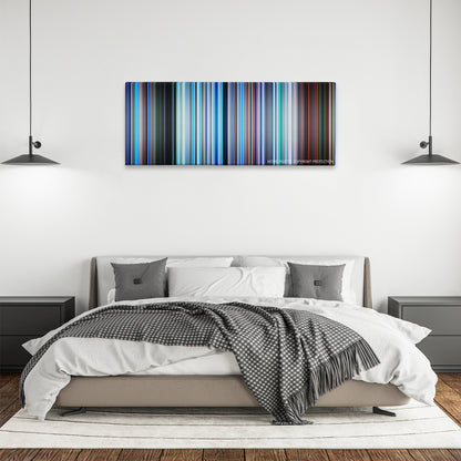Avatar: The Way of Water color palette canvas above a bed, between two black pendant lamps