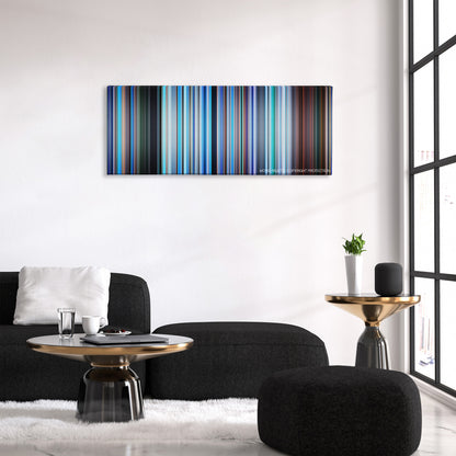 Avatar: The Way of Water color palette canvas above a black sofa with a gold-topped table