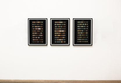 You color palette prints for three seasons, framed in a row on a white wall, dark backgrounds