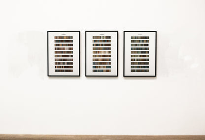 You color palette prints for three seasons, framed in a row on a white wall, white backgrounds