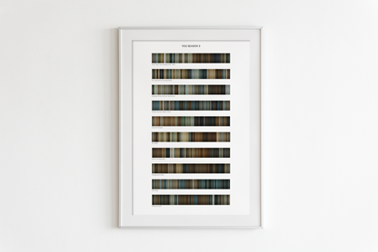 You Season 3 color palette print in a white frame — one color strip per episode, with episode titles